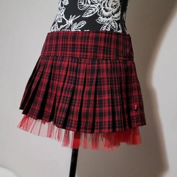 Tripp Royal Bones Plaid Mini Skirt Tulle tutu pleated red black y2k goth l - Picture 2 of 11